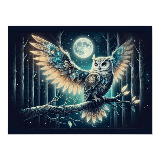 Pôster Mystical Moon Owl Celestial Forest Glow (Frente)