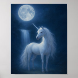 Poster Mystical Moonlight Unicorn & Waterfall Fantasy Art