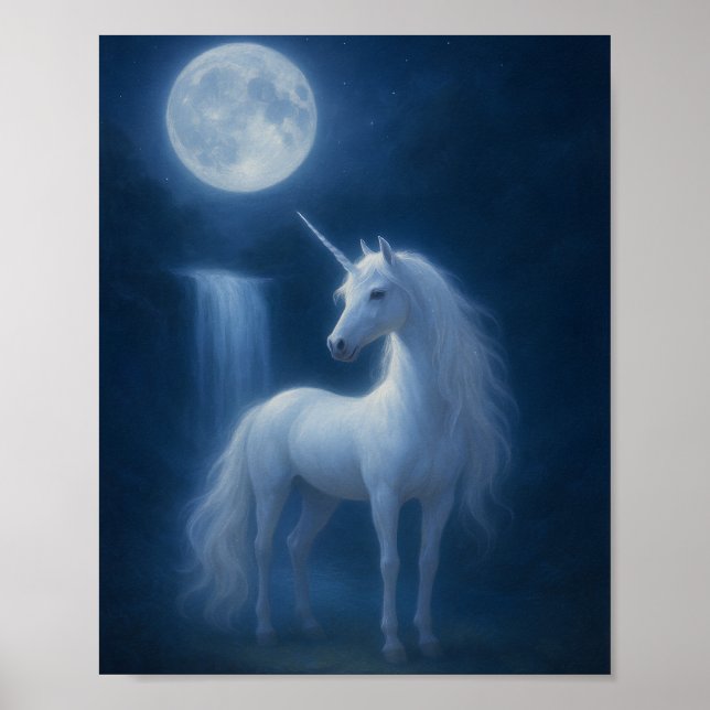 Poster Mystical Moonlight Unicorn & Waterfall Fantasy Art (Frente)