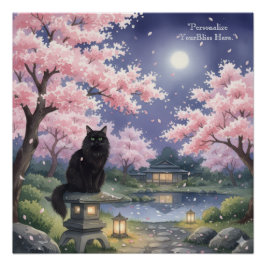 Pôster Mystical Night Sakura: Black Cat in Moonlit Japan