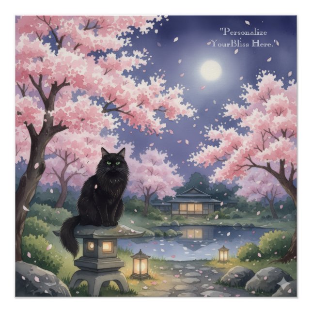 Pôster Mystical Night Sakura: Black Cat in Moonlit Japan (Frente)