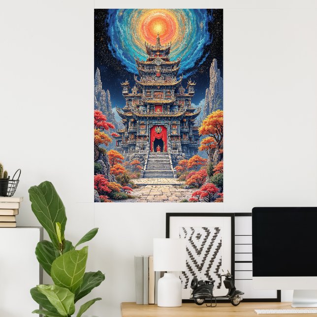 Poster Mystical Pagoda Temple Under Celestial Sky (Escritório em casa)