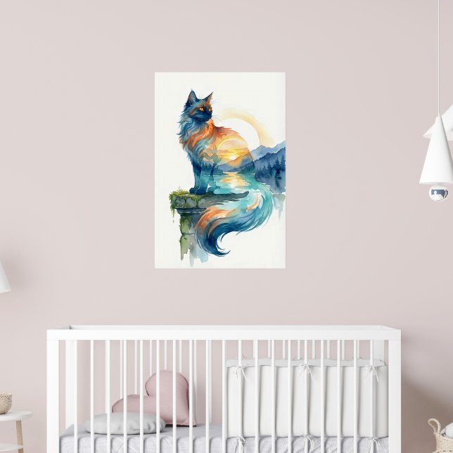Poster Mystical Sunset Cat Double Exposure Watercolor (Berçário 2)