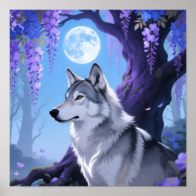 Poster Mystical Wolf and Wisteria Moon Fantasy Art Print (Frente)