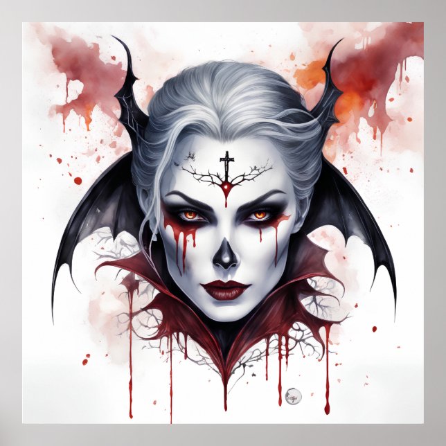 Poster Mystical Woman Vampire Watercolor Halloween (Frente)