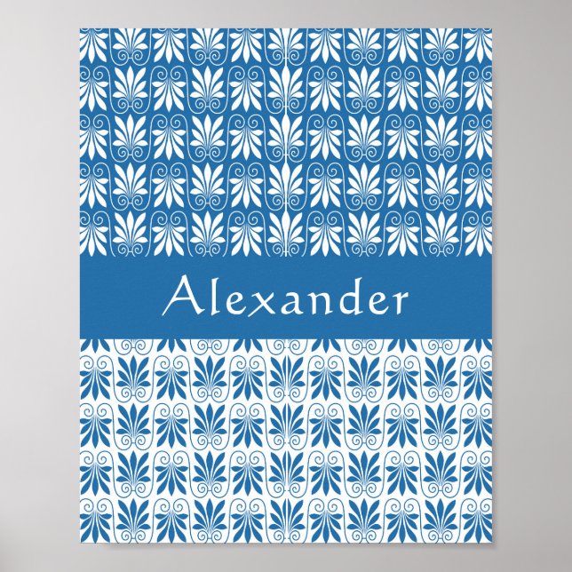 Poster Na moda Blue & White grego Floral Personalizado (Frente)