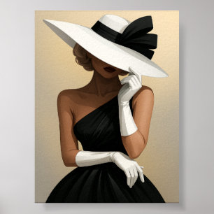 Poster Na moda em vestido preto e chapéu branco
