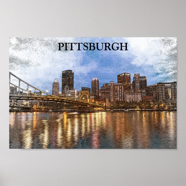 Poster Na moda Pittsburgh Cityscape Watercolor (Frente)