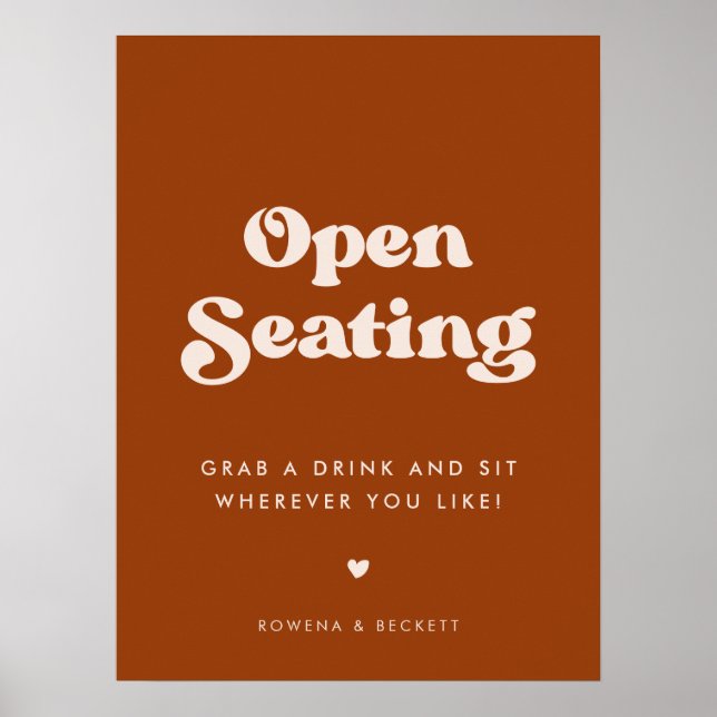 Poster Na moda retro Burnt Orange Open Seating Casamento (Frente)