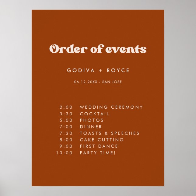 Poster Na moda retro Burnt Orange Wedding Order (Frente)