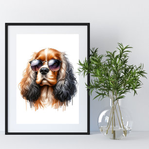 Poster Na moda Spaniel em óculos escuros Aquarela Pet Art