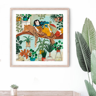 Poster Na moda verde raparigas tropicais da selva de Leop