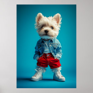 Poster Na moda Westie Pup em Denim e Sneakers