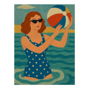 Pôster Nadador Vintage com Bola de Praia
