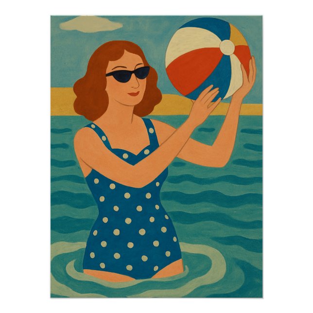 Pôster Nadador Vintage com Bola de Praia (Frente)