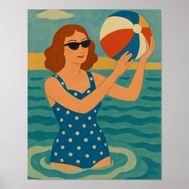Poster Nadador Vintage com Bola de Praia (Frente)