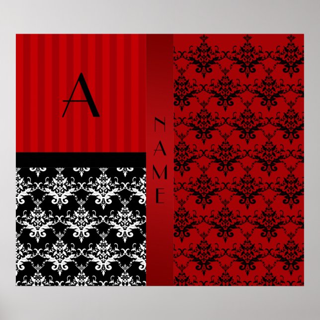 Poster Name and monogram red damask stripes (Frente)
