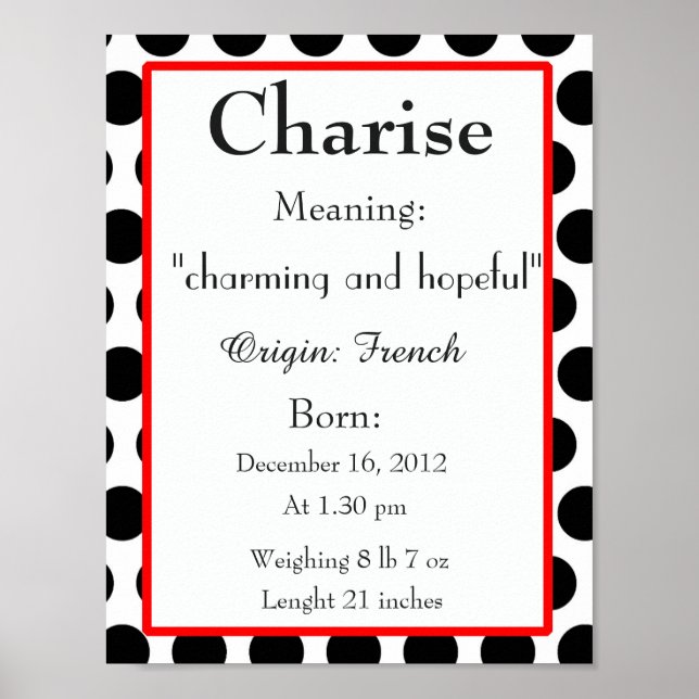 Poster Name meaning keepsake nursery Charise name (Frente)