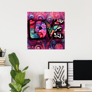 Poster Namorados abstrato Love Word Grafite Floral Cor-de