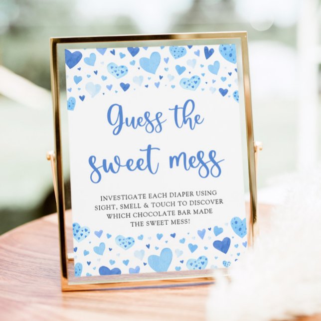 Poster Namorados Azul Adivinha o Jogo do Bebê Doce Mess (Watercolor Cute Blue Hearts Valentine Sweetheart Boy  Guess the Sweet Mess Baby Shower Game Sign)