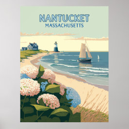 Poster Nantucket Beach Hydrangeas Boat Retro