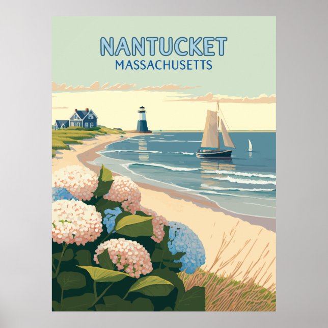 Poster Nantucket Beach Hydrangeas Boat Retro (Frente)