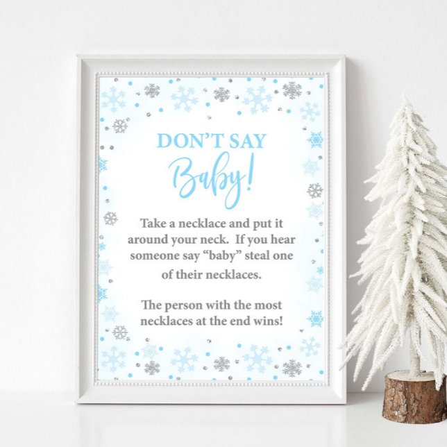 Poster Não diga "Baby Winter Blue Game Sinal" (Don't Say Baby Winter Baby Shower Game Sign, Blue & Silver Glitter Snowflakes, Necklace Version)