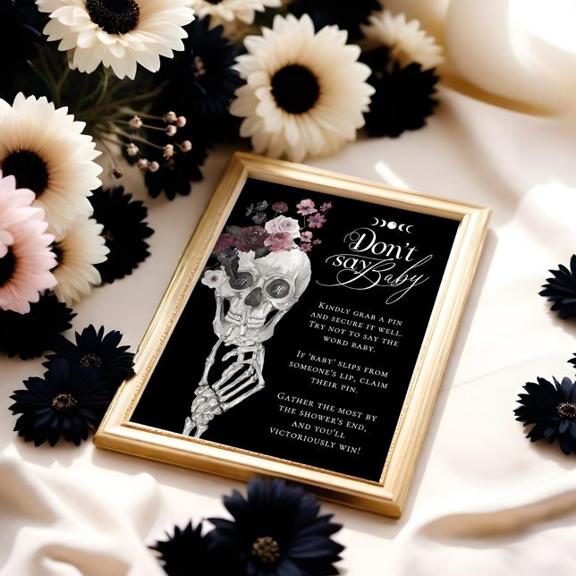 Poster Não diga Chá de fraldas de crânio floral gótico (Don't Say Baby Gothic Floral Skull Baby Shower Poster)