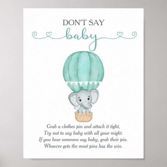 Poster Não diga jogo de Chá de fraldas de Elefante Verde  (Frente)