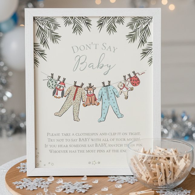 Poster Não diga jogo de Chá de fraldas de inverno (Don't Say Baby Baby It's Cold Outside, Winter Wonderland Christmas Baby Shower Game for Mother to Be)
