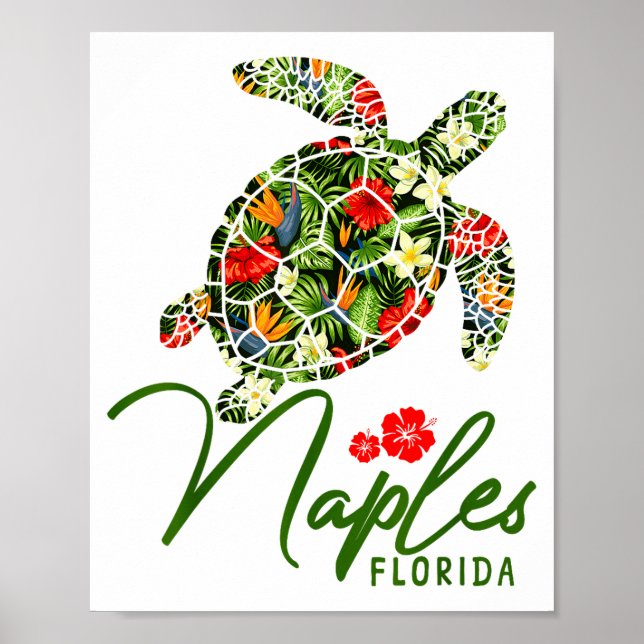 Poster Naples Florida Sea Turtle Tropical Hibiscus Beach  (Frente)