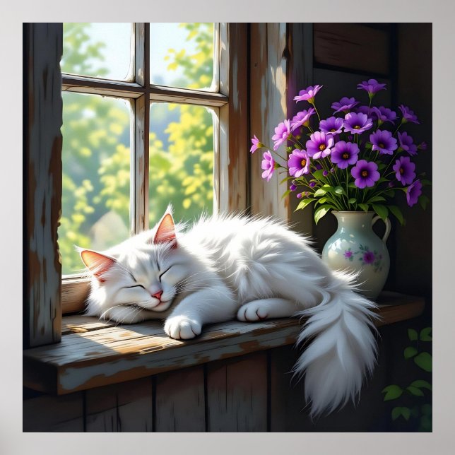Poster Napping White Cat and Purple Flowers  (Frente)