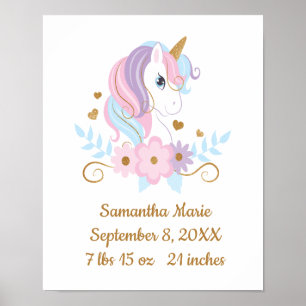 Poster Nascença Stats Unicorn Pink Blue Dourado, Girly