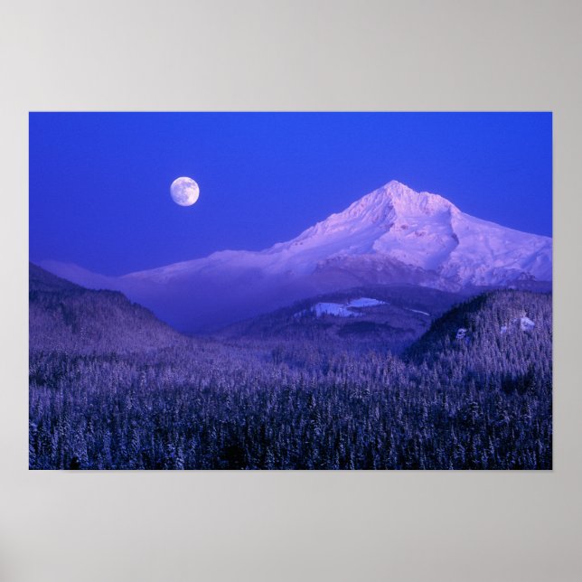 Pôster Nascer da lua sobre o Mt Hood inverno, Oregon (Frente)