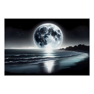 Pôster Nascer da Lua Surreal Sobre a Costa do Oceano Tran