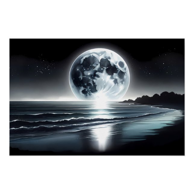 Pôster Nascer da Lua Surreal Sobre a Costa do Oceano Tran (Frente)