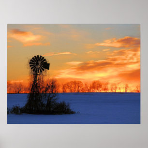 Poster Nascer do Sol da Manhã com Moinho de Vento no Inve
