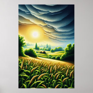 Poster Nascer do Sol Dourado Sobre Campos Verdes Paisagem