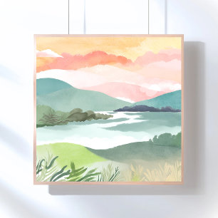Poster Nascer do Sol na Manhã do Lago Aquarela da Natur
