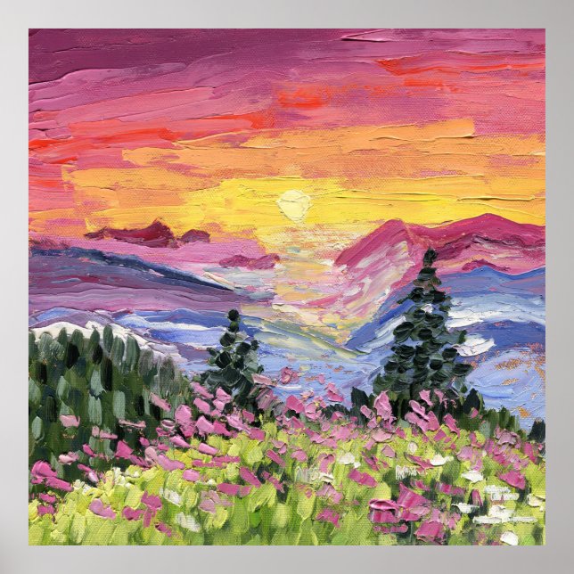 Poster Nascer do Sol na Montanha com Flores Silvestres (Frente)