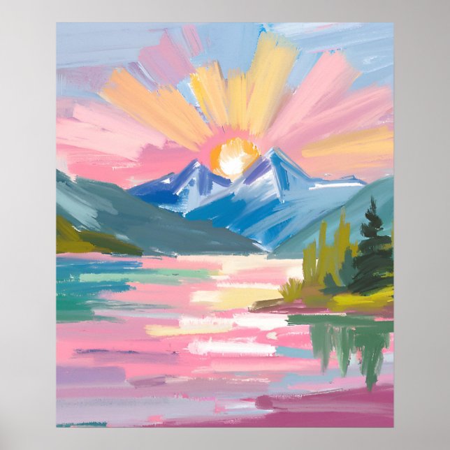 Poster nascer do sol sobre montanhas aquarela (Frente)