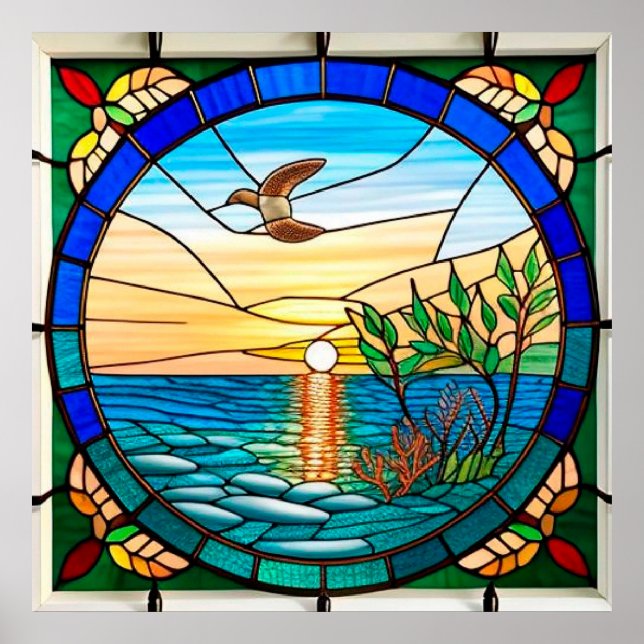 Poster Nascer do Sol Sobre o Oceano com Pássaro Voador (Frente)
