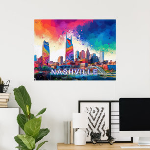 Poster Nashville Skyline Colorida Grafite Arte Urbana