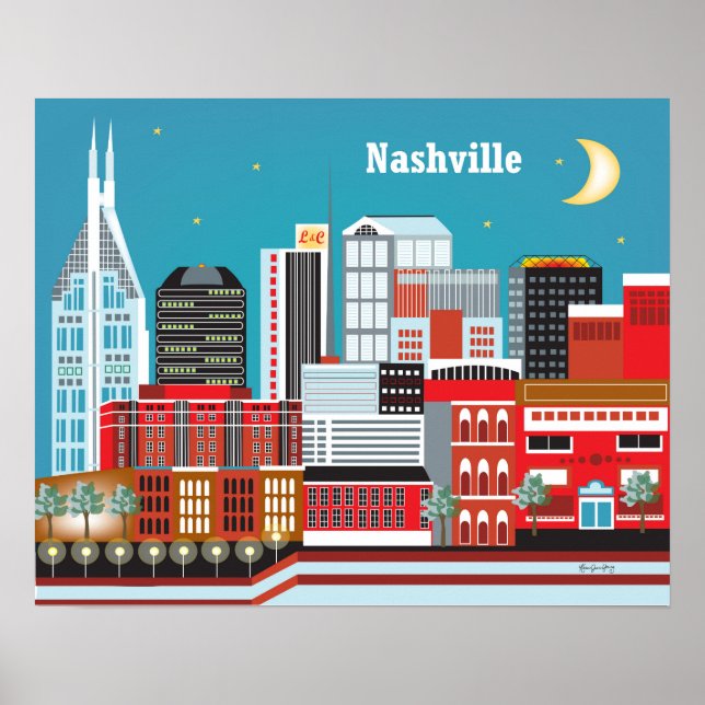 Pôster Nashville, Tennessee - Ilustração Skyline (Frente)