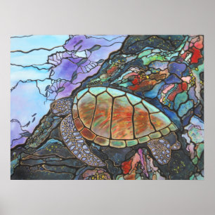 Poster Natação da tartaruga de mar por um recife de