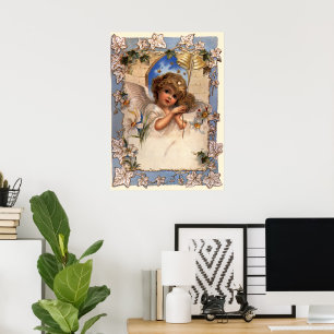 Poster Natais vintages, Anjo Vitoriano com Sinos Dourados