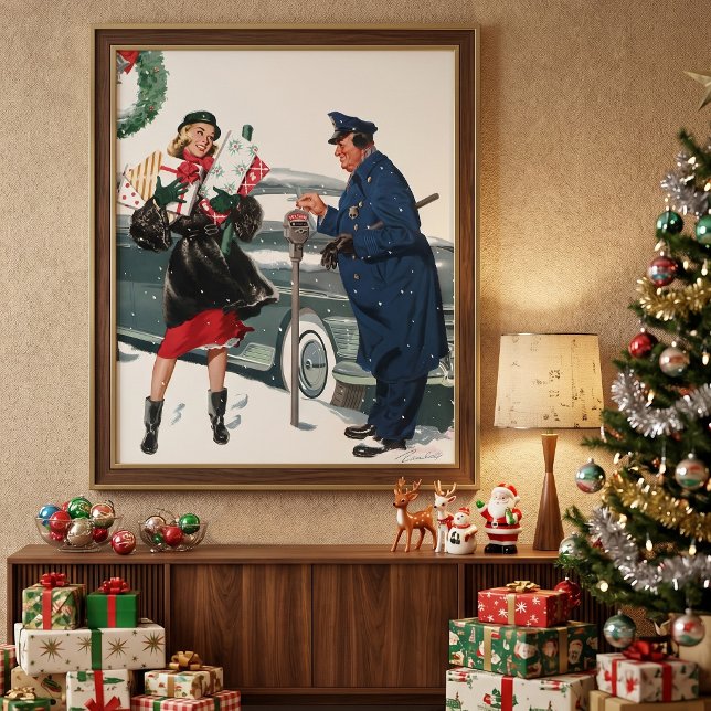 Pôster Natais vintages, Comprando Presentes Policiais (Vintage illustration Christmas design featuring a lady carrying presents with a police officer.)