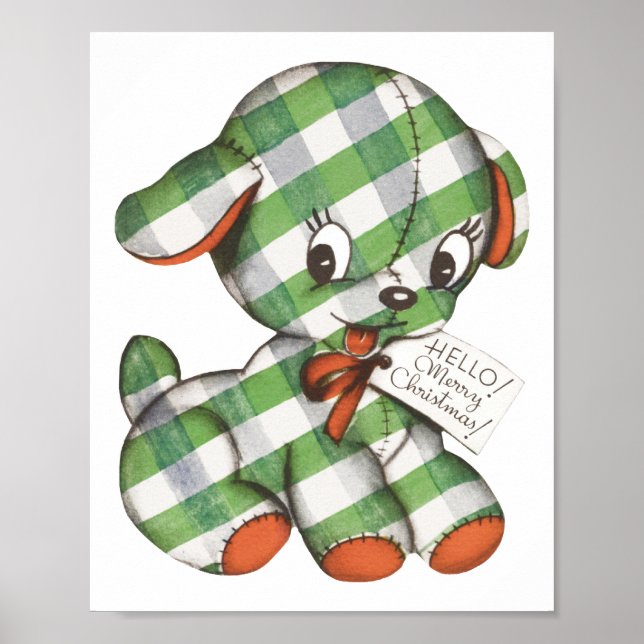 Poster Natais vintages Gingham Cachorro Cachorro Enchido (Frente)