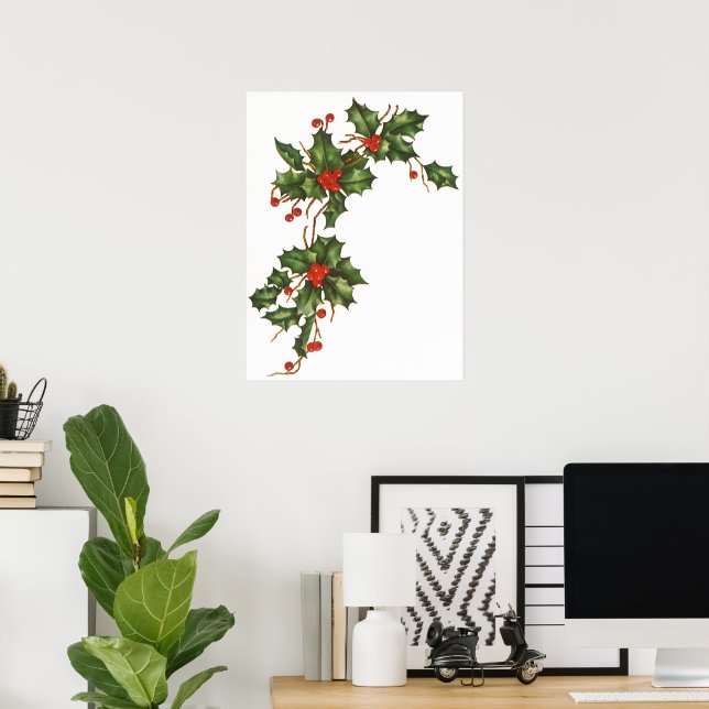 Poster Natais vintages, Holly Plant com Red Berries (Escritório em casa)