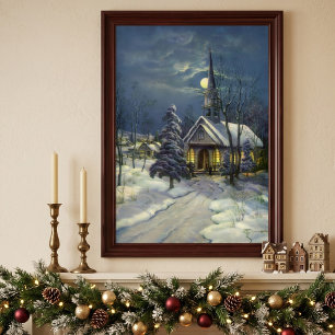 Poster natais vintages, Igreja de inverno na neve com lua